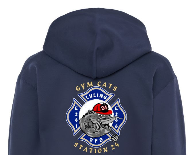 Thumbnail: ADULT LVFD 24 BLUE AND GOLD "GYM CATS" PULLOVER HOODIE