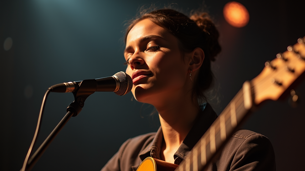 Eye-level view of a musician performing a heartfelt cover song