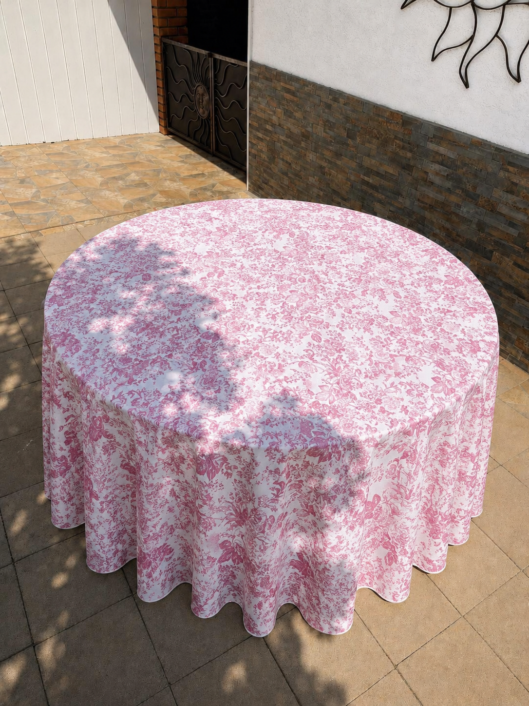 120' Round Pink French Toile Tablecloth