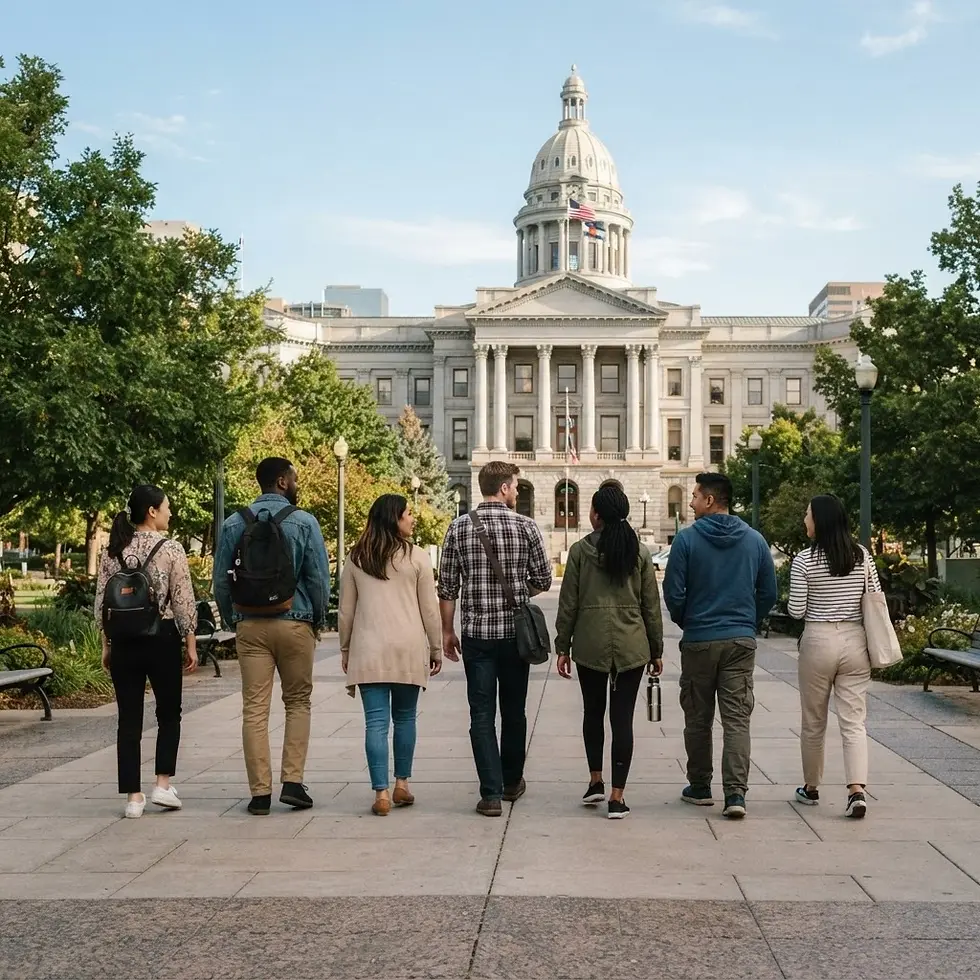 Outdoor photography of a diverse group of young adults walking towards a grand capitol building. The scene is set in daylight, conveying a sense of collective purpose and exploration.