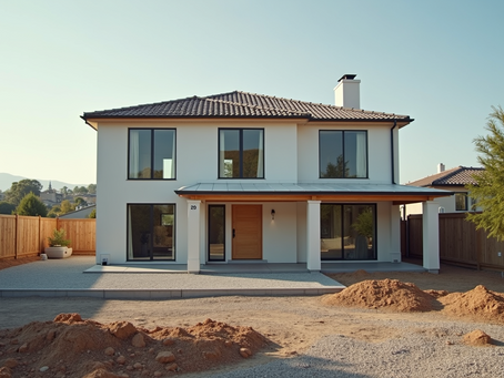 High angle view of modern home construction site where various materials are being used.