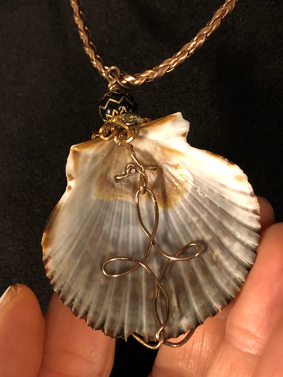 Thumbnail: "Dark Grey Scallop Necklace 2", Sea Shell with Wire Art, Braided String Cord