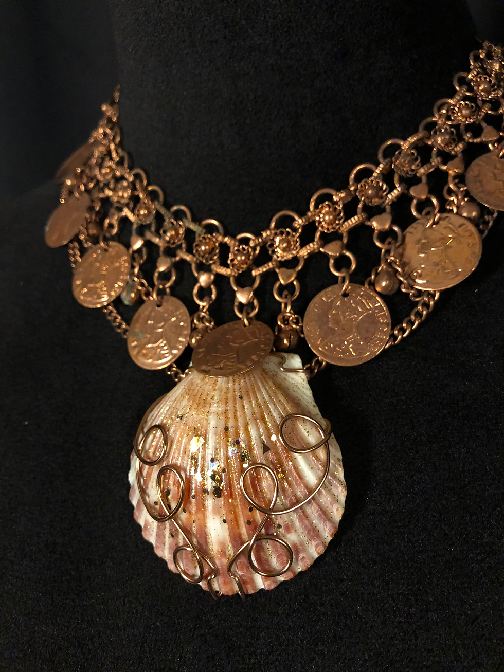 Thumbnail: "Mermaid Treasure Necklace", Sea Shell with Wire Art, Vintage Chain with Coins