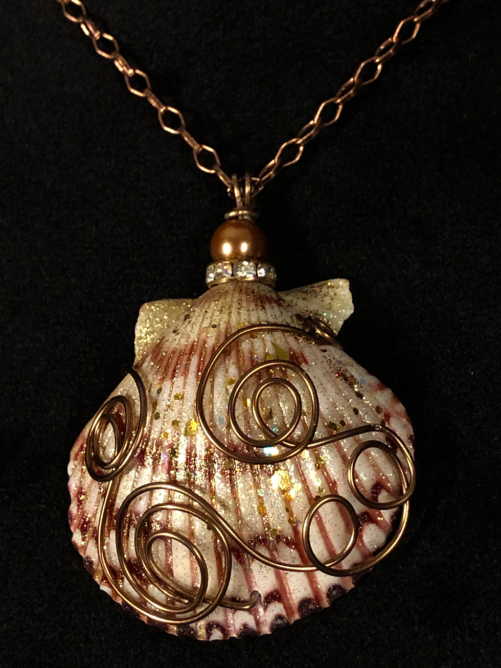 Thumbnail: "Copper Waves Necklace", Sea Shell with Wire Art, on a Vintage chain