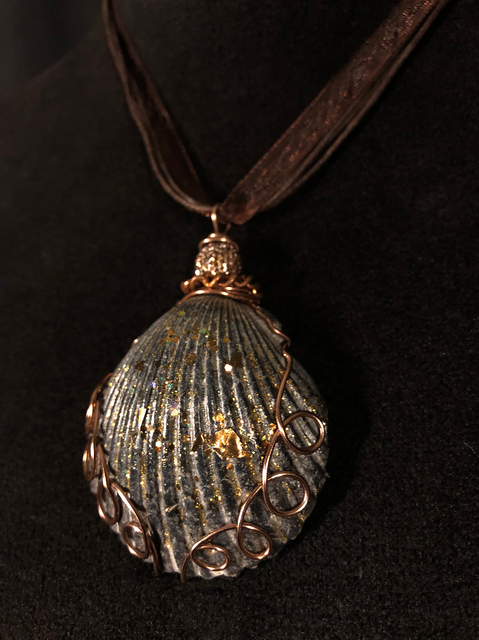 Thumbnail: "Dark Grey Scallop Necklace 1", Sea Shell with Wire Art, Organza Ribbon Necklace