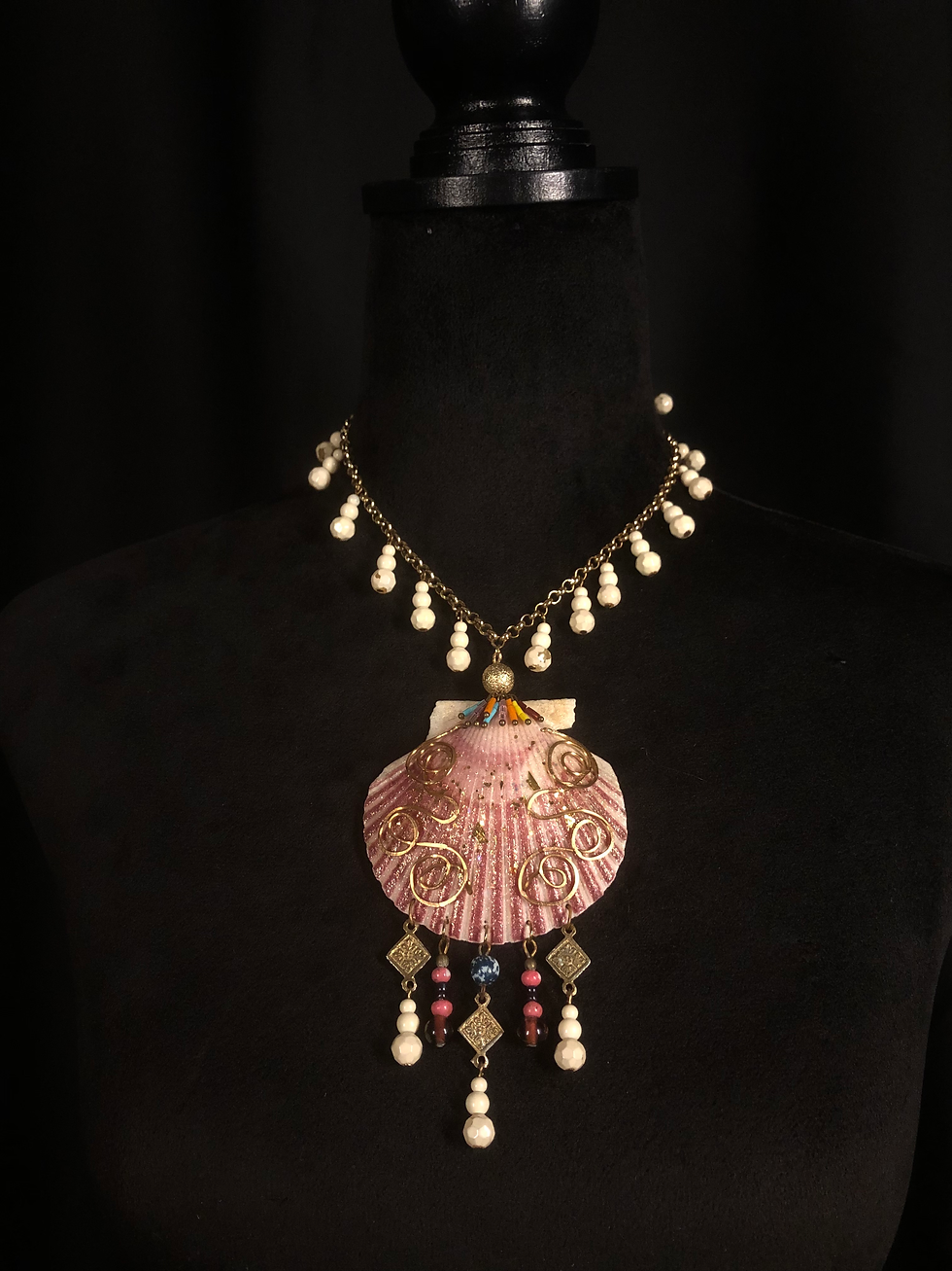 Thumbnail: "The Pink Hippie Necklace", Sea Shell Necklace with Wire Art