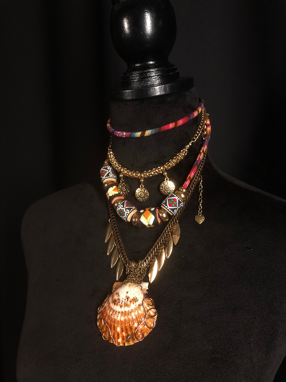 Thumbnail: "Heavenly Dream",  Multi-layer Boho Sea Shell Necklace with Wire Art