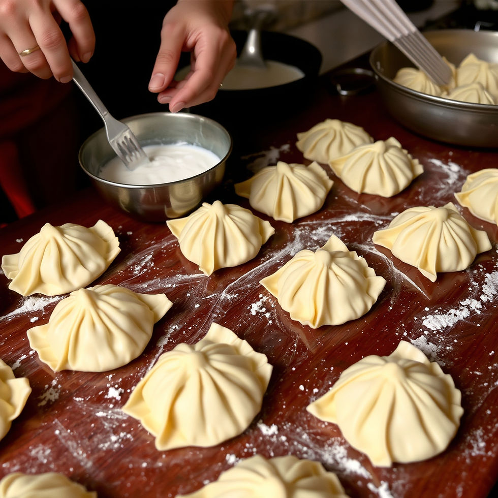 table of dumplings that are in the process of being made