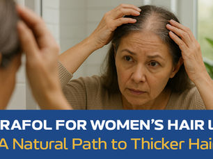 Woman examining hair in mirror, appearing concerned. Text: "Nutrafol for Women's Hair Loss - A Natural Path to Thicker Hair." Neutral tone.