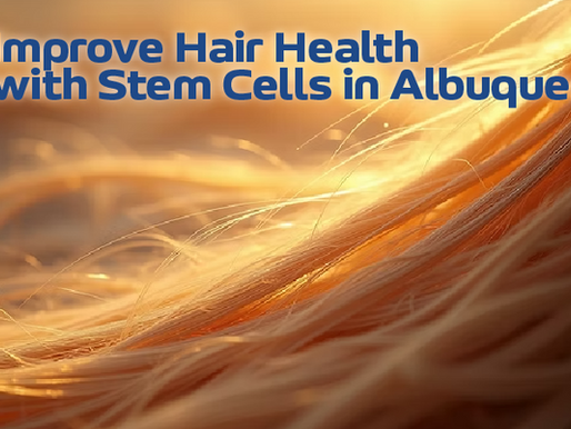 Blonde hair in sunlight, glowing warmly. Text: "Improve Hair Health with Stem Cells in Albuquerque" with a blue water droplet icon.