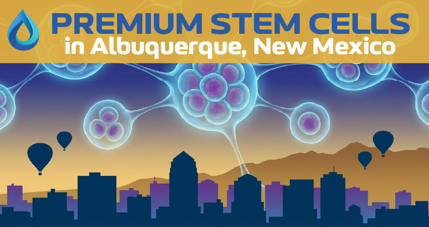 Stem cells with Albuquerque skyline, sunset, and hot air balloons. Text reads "PREMIUM STEM CELLS in Albuquerque, New Mexico."