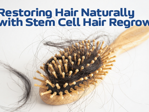 Wooden hairbrush with tangled hair on a white background. Text reads "Restoring Hair Naturally with Stem Cell Hair Regrowth." Blue droplet icon.