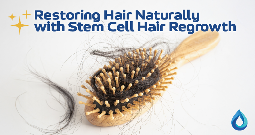 Wooden hairbrush with tangled hair on a white background. Text reads "Restoring Hair Naturally with Stem Cell Hair Regrowth." Blue droplet icon.