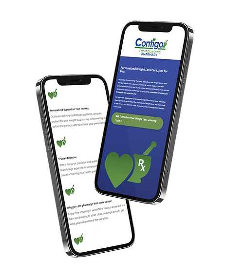Mobile website design for Contigo Compounding Pharmacy created by Zamora Creative showcasing a personalized weight loss landing page.