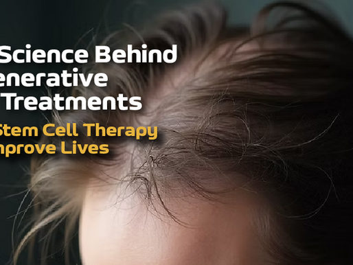Close-up of thinning hair on a person's head with text about regenerative hair treatments and stem cell therapy. Blue logo in the corner.