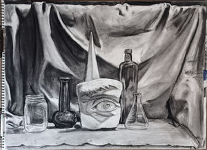 Charcoal Still Life using Drapery on 18x24 paper
On a stage is a cloth hung in the back, in front is a statue of an eye, to the right are a stained glass bottle and a flask, the left contains another glass stained bottle with an odd donut curve at the bottom and a glass jar