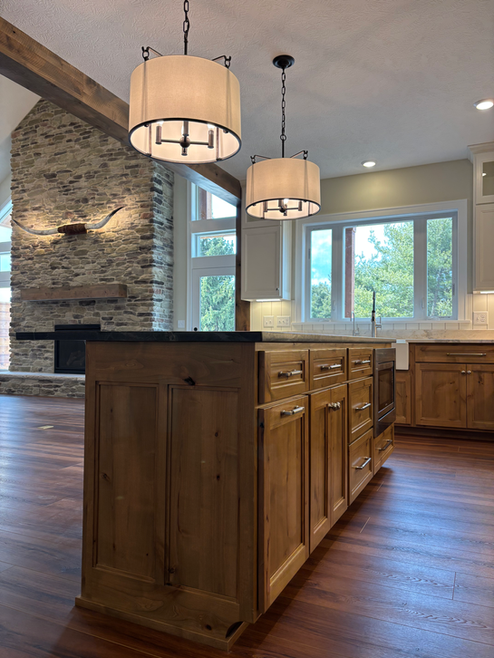 western style kitchen, kitchen inspo, kitchen design, raised bar, bar island, blue island cabinet