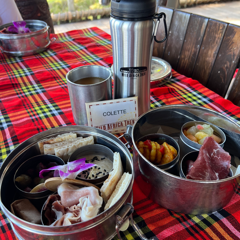 Lunch for guests at Boma during Wild Africa Trek at Disney's Animal Kingdom Theme Park. Items include humus, pita bread, cold meats and more.