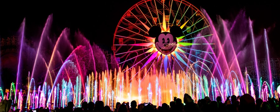 World of Color at Disney California Adventure.  A beautiful nighttime show that features fountains, lighting, projections, and a little bit of pyro all moving around to music and clips from Disney movies.