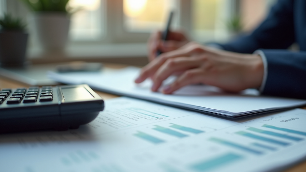 Eye-level view of a UK accountant’s desk with financial documents and calculator
