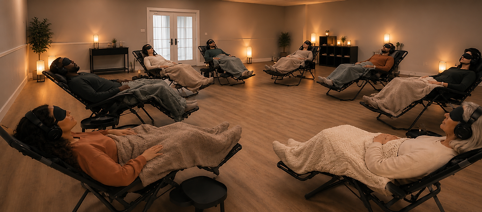 Participants resting in zero-gravity recliner chairs under blankets during a guided Hemi-Sync session at an Exploring Consciousness workshop