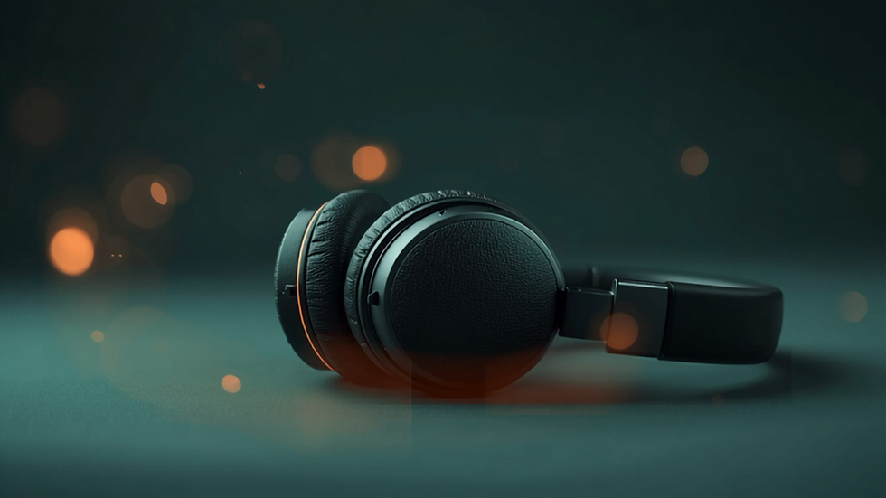 Over-ear headphones resting on a deep teal surface with soft copper light — the Hemi-Sync listening experience