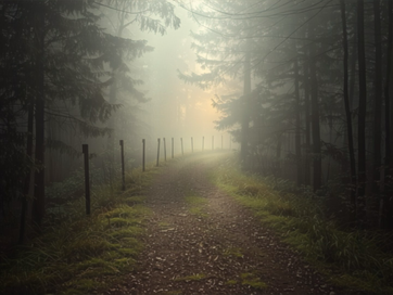 A misty forest path lined with wooden marker posts leading toward soft light — a map of inner states