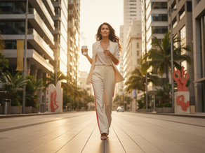 Woman walking confidently down the road with a coffee