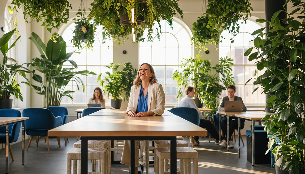 woman laughing in a cafe