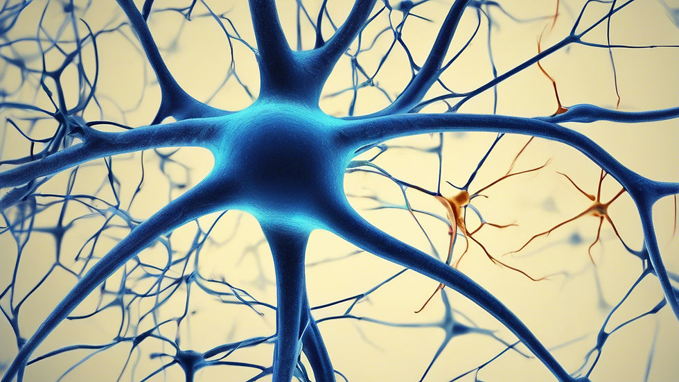 Close-up of blue and orange neurons network on a light background, showcasing intricate connections and a sense of complexity.