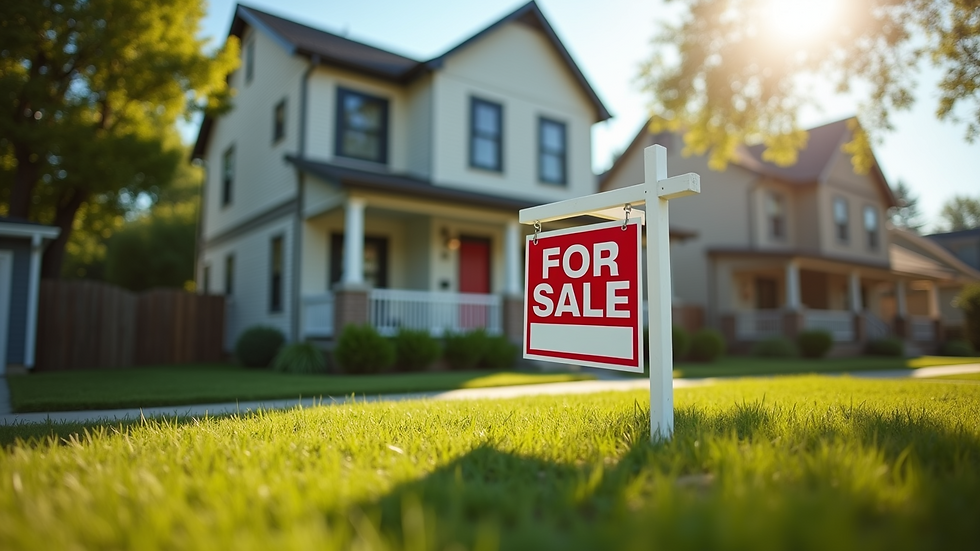Eye-level view of a suburban house with a "For Sale" sign in the front yard