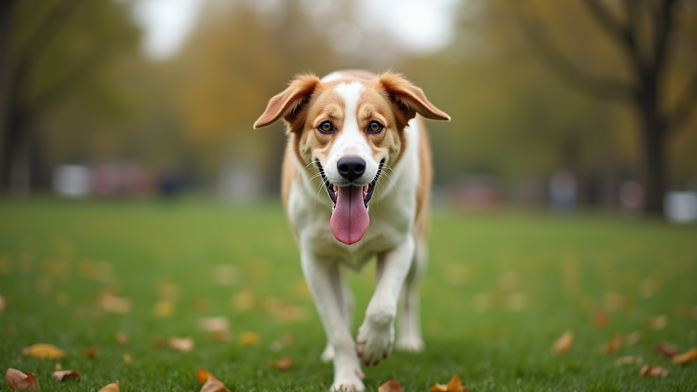 Eye-level view of a dog exploring a park with a relaxed demeanor