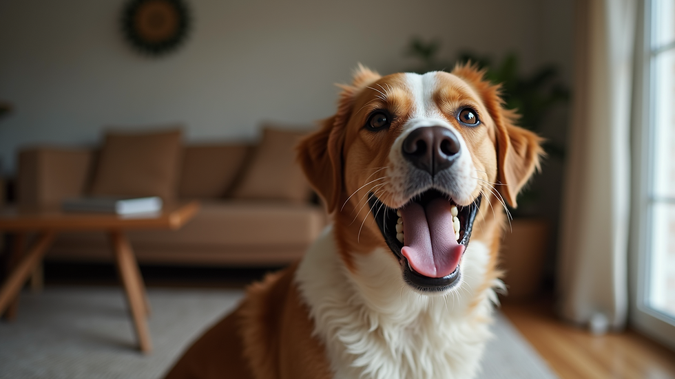 Close-up view of a barking dog in a home setting