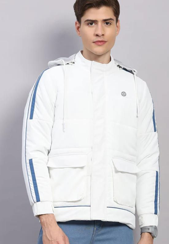 Men White Solid Hooded Full Sleeve Jacket