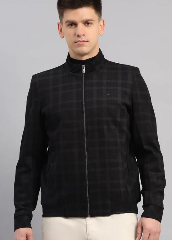 Men Navy Blue Check Mandarin Neck Full Sleeve Jacket
