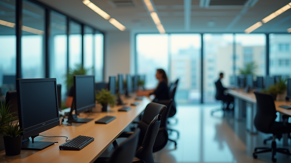 Vista aérea de oficina moderna con empleados trabajando en computadoras