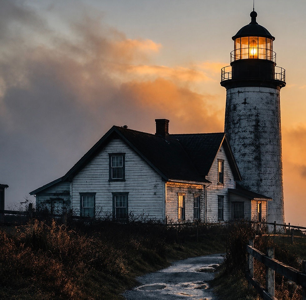 Lighthouse at sunrise overlooking the Pacific coast, reflecting the visual style of Driftline Project.