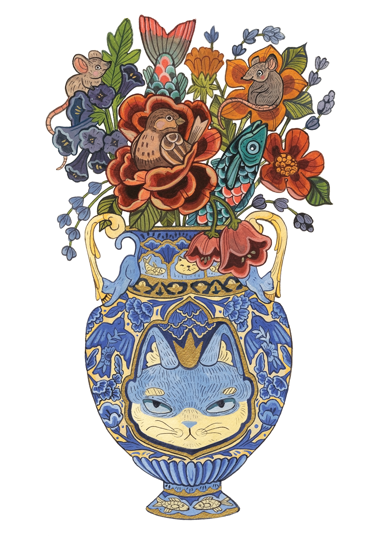 Secret Blooms "Feline Feast" A3 print (with Gold Leaf Embellishments)