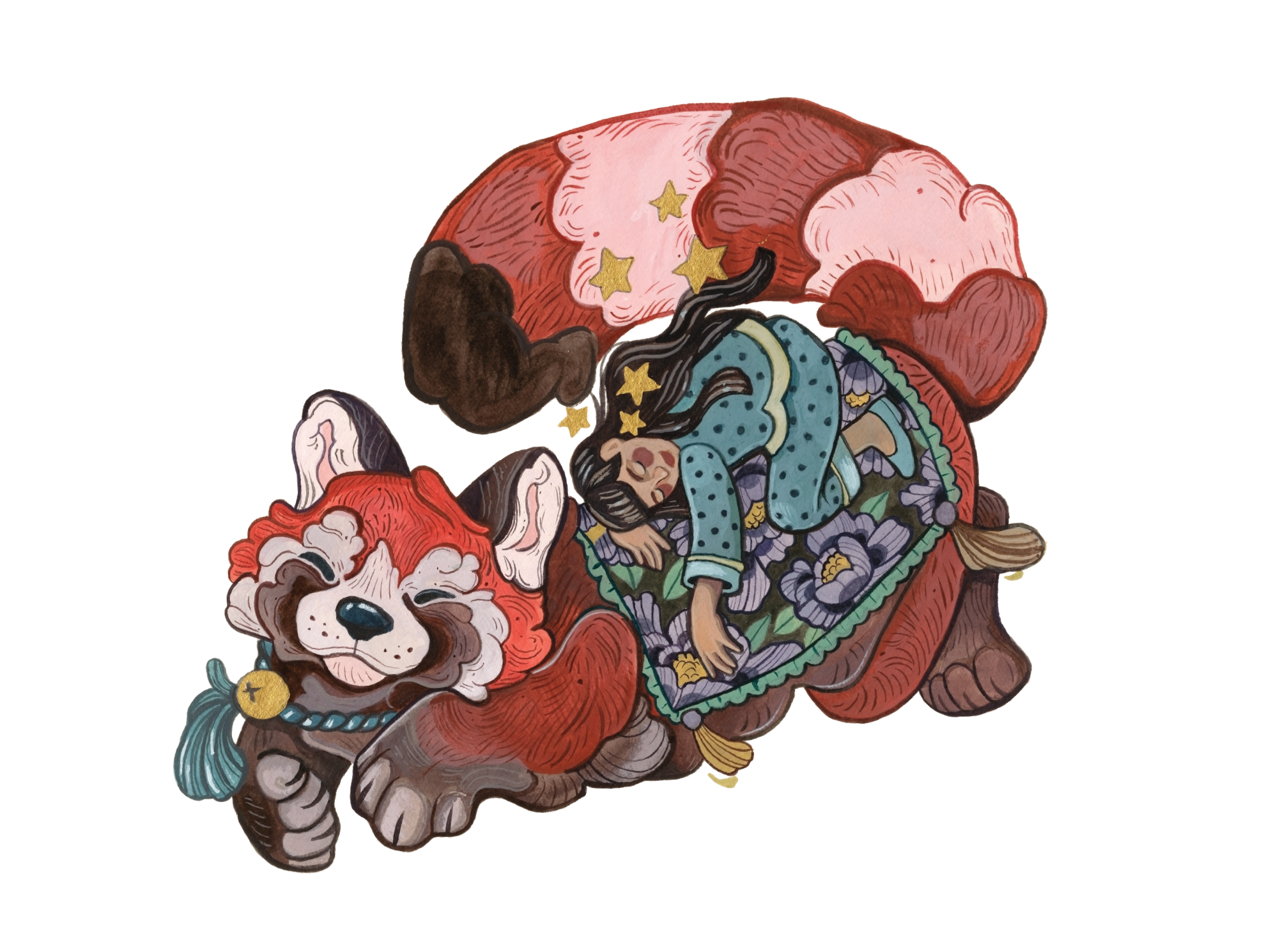 "Dream Guardians - Red Panda" A3 Print (with Gold Leaf Embellishments)