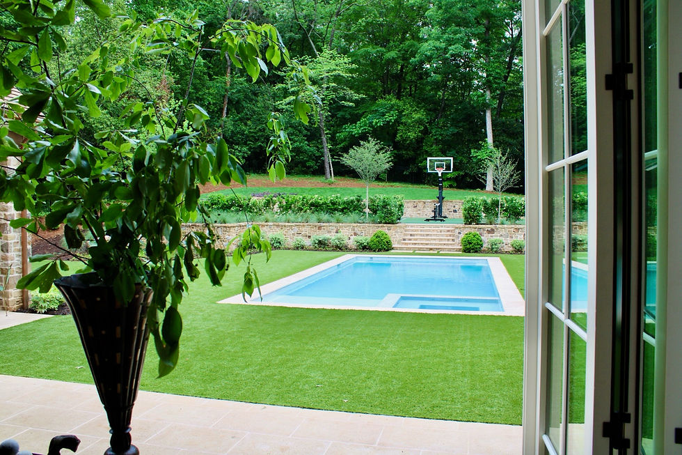 The expansive living room view into the backyard 