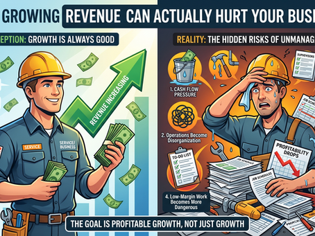 A split-screen infographic contrasting the optimistic perception of rising business revenue with the stressful, chaotic reality of unmanaged operational growth.