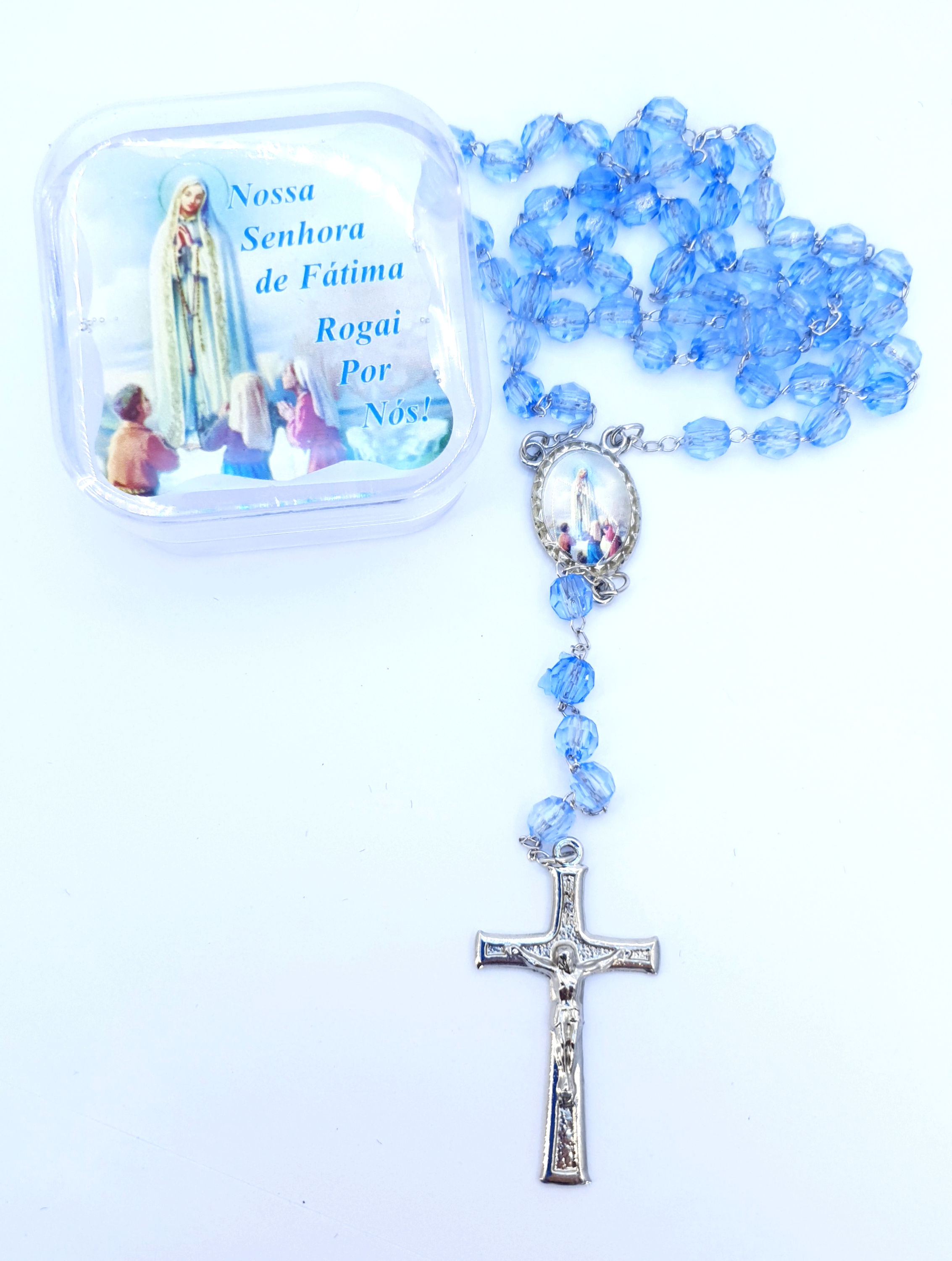 Terço de Cristal Nossa Senhora de Fátima na caixa acrílica