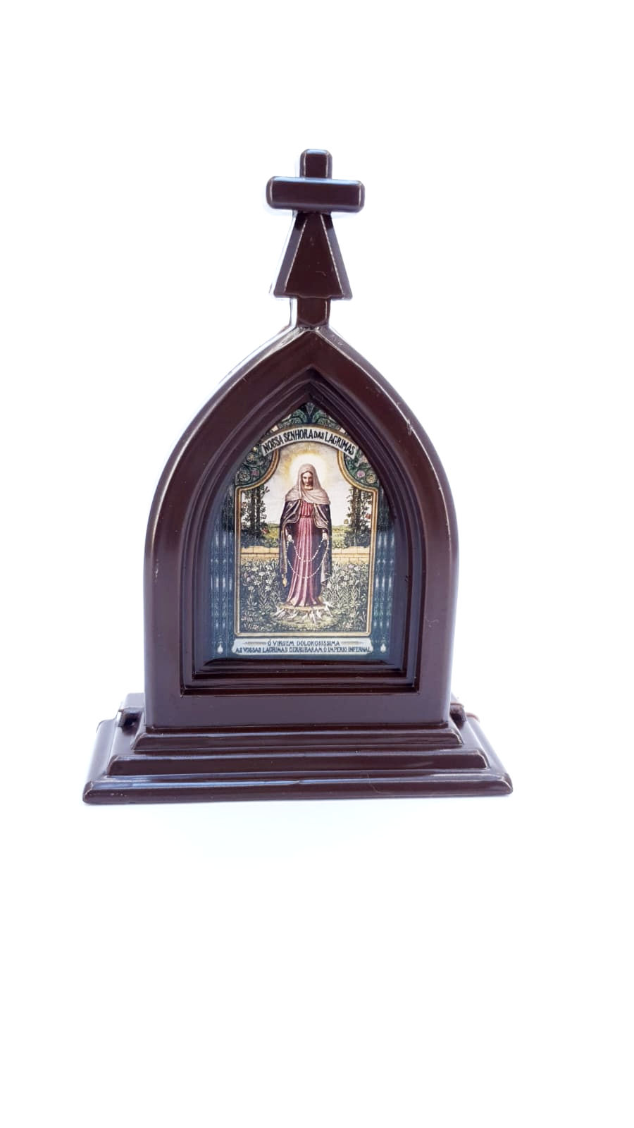 Capelinha Acrílica Marrom com base NS das Lágrimas e Jesus Manietado  12cm