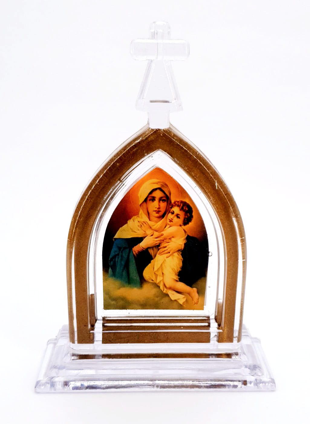 Capelinha Acrílica Dourada 12cm Nossa Senhora Mãe Rainha