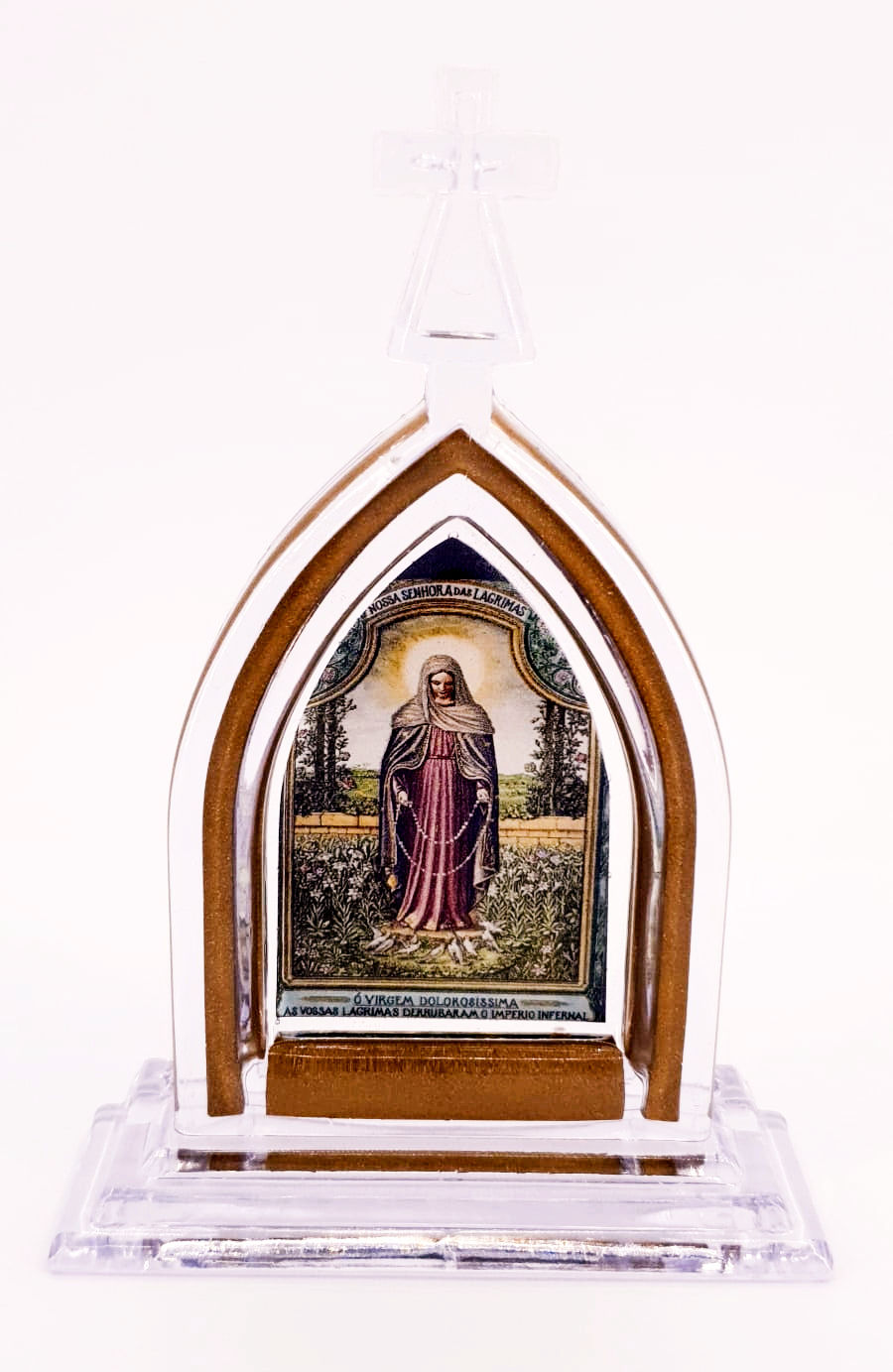 Capelinha Acrílica 12cm c base Dourada N. Senhora das Lágrimas e Jesus Manietado