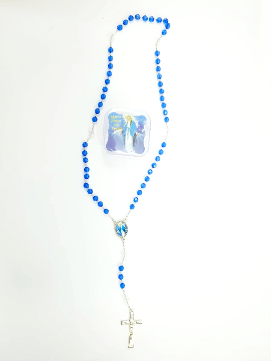 Terço em Cristal Maria Passa na Frente Azul