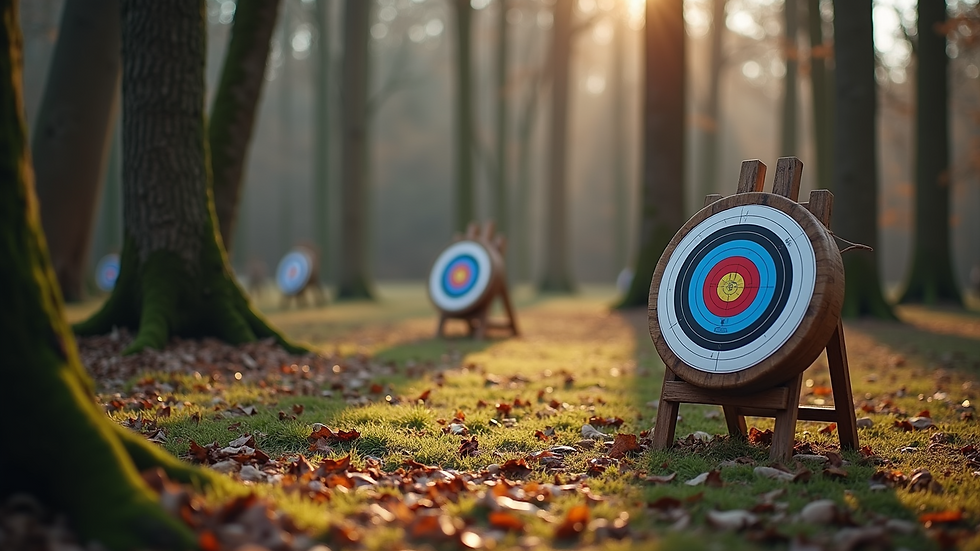 Close-up view of archery targets set up in a woodland clearing