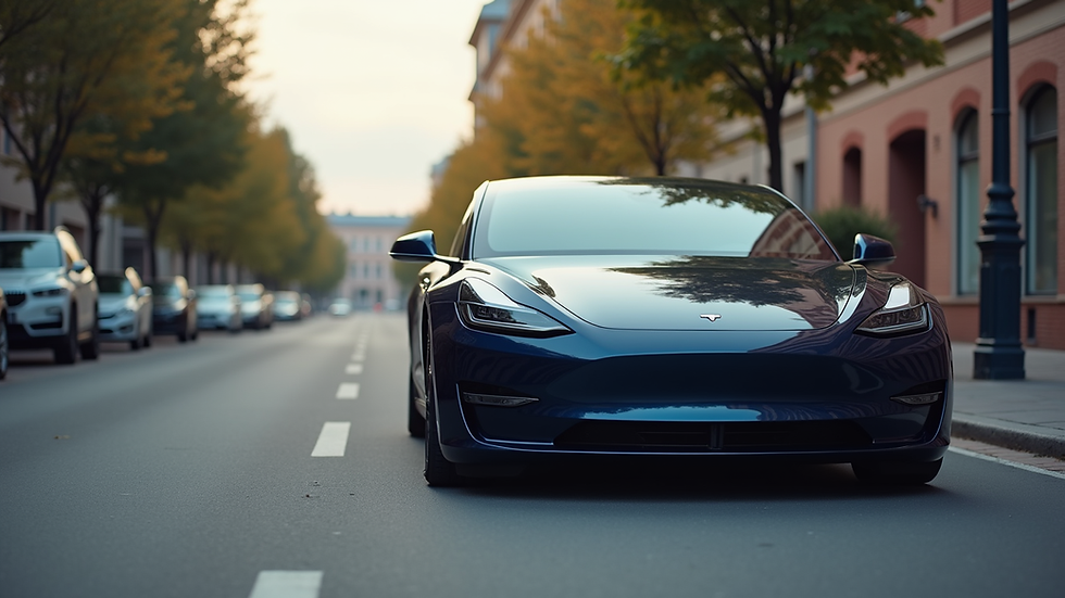 Eye-level view of a sleek luxury electric car parked in an urban setting