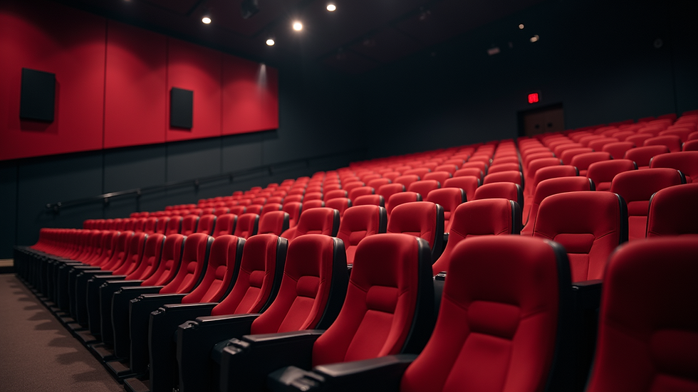 Wide angle view of a modern cinema interior with empty seats