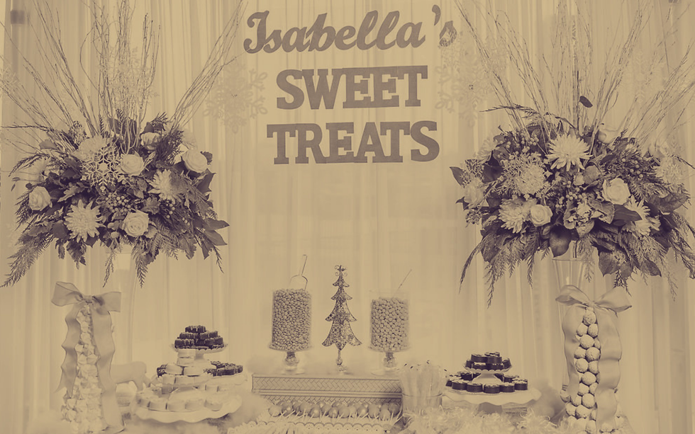 Wide landscape dessert table with florals and sign reading Isabella's Sweet Treats, sepia tones